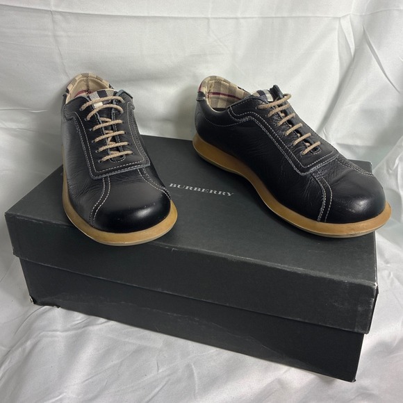 Burberry Shoes - Burberry Black Leather Nova Check Trim Low Top Sneakers Shoes Size 35